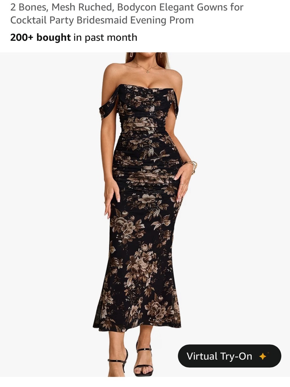 Off-Shoulder Ruched Floral Bodycon Dress in Black and Brown